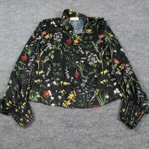 Alexis Blouse Large Black Floral Print Button Front Long Sleeve Career Bohemian